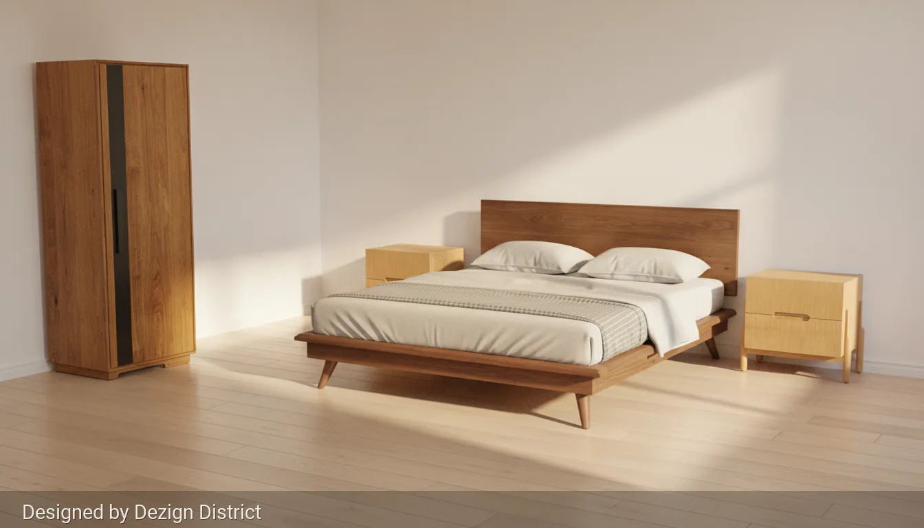 I designed this bedroom to feel like a grounded, restful sanctuary by balancing the deep, rich tones of the Luca bed with the lighter, tactile warmth of the Nina nightstands. The Rori wardrobe stands quietly in the corner, its clean black accent grounding the layout and adding a subtle architectural line. Together, these pieces celebrate the honest beauty of natural wood under soft, natural midday light.