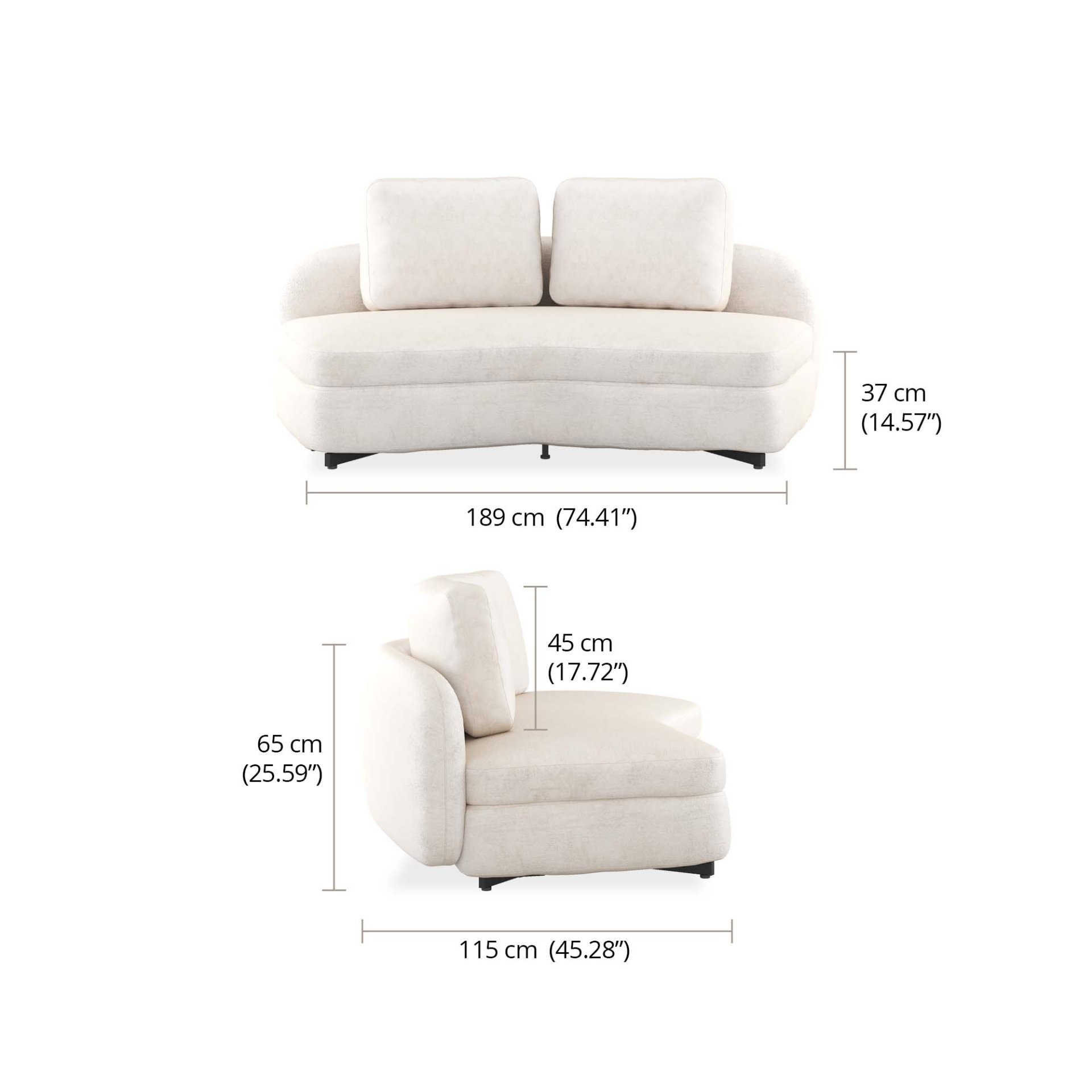 Bent 2 Seater Middle Angled dimensions