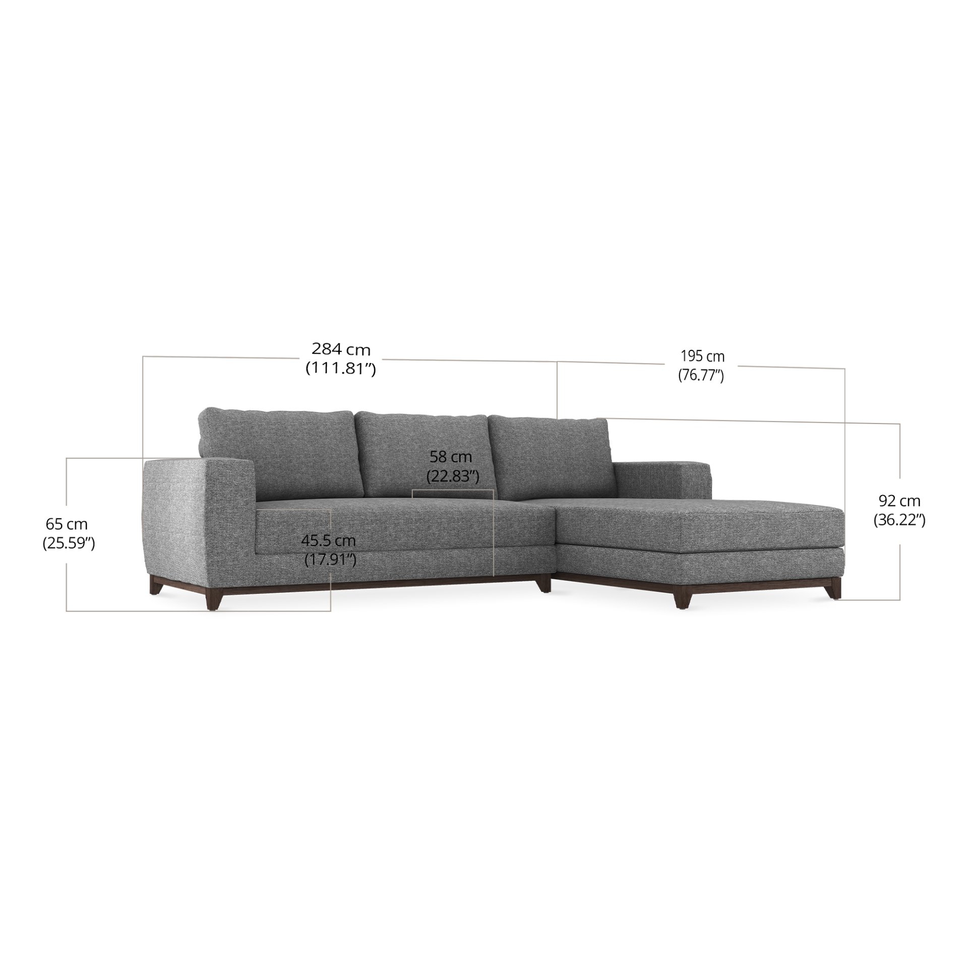 Comforta Sofa with Chaise Facing dimensions