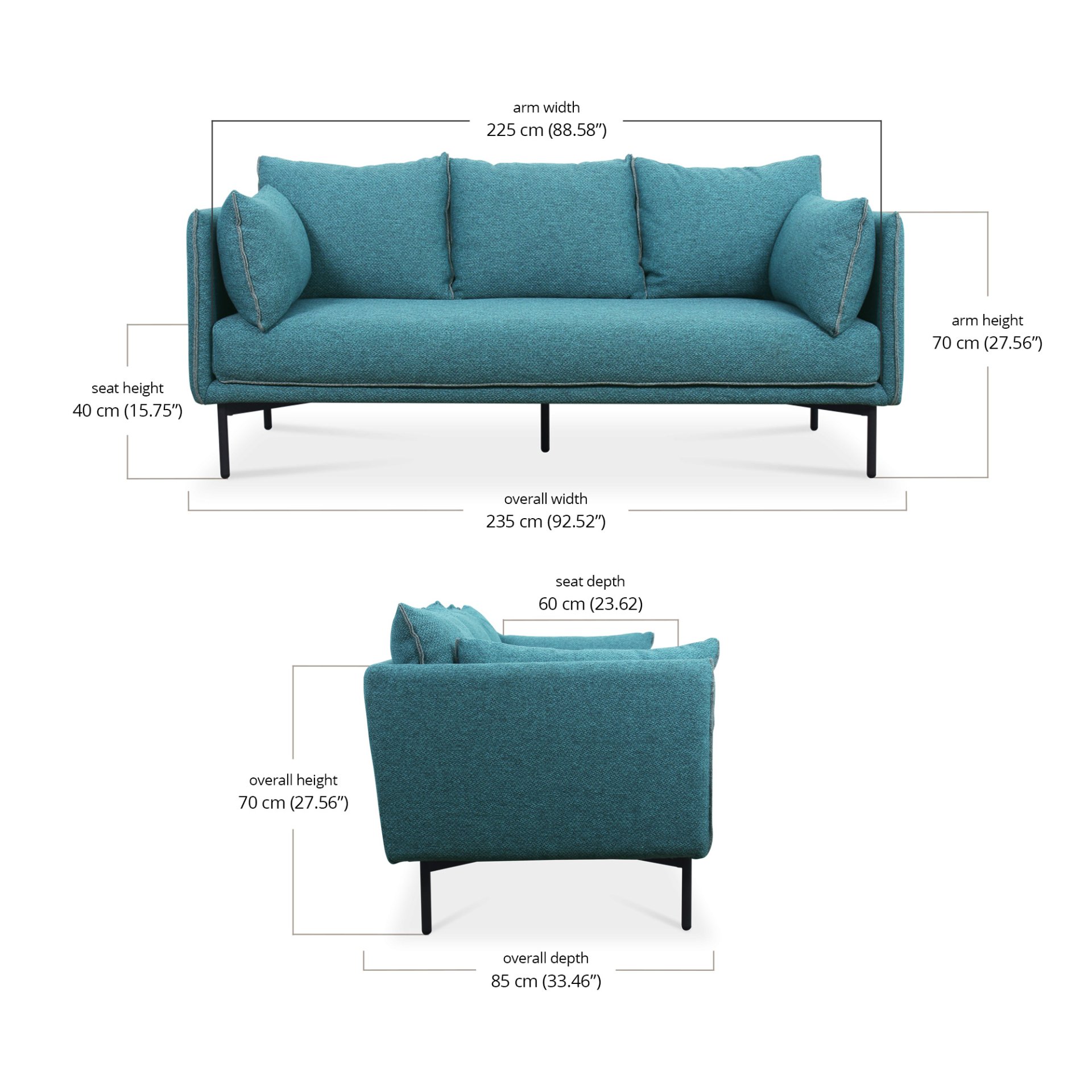 Delina 3 Seater Sofa dimensions