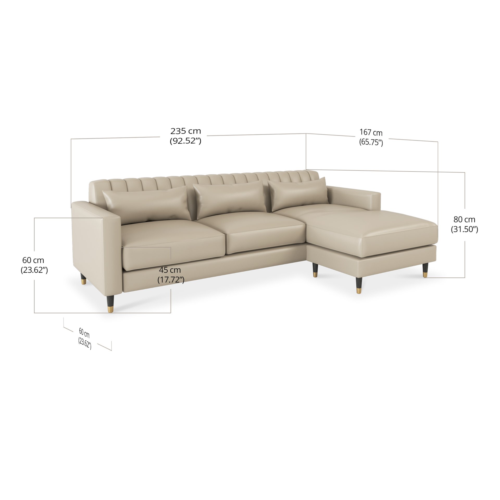 Giovanna 3 Seater With Chaise - Leather dimensions
