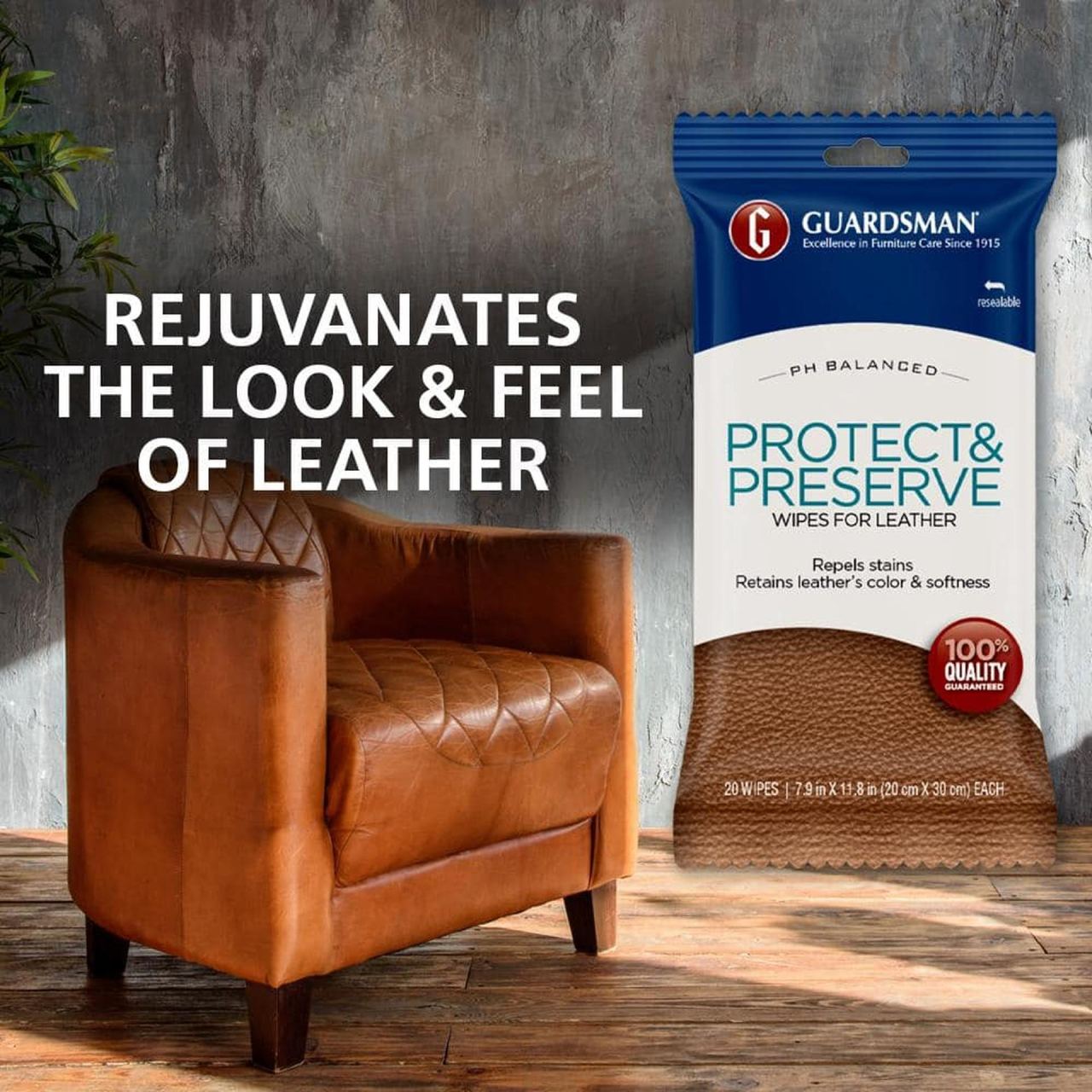 Guardsman protect & preserve wipes for leather, in a room