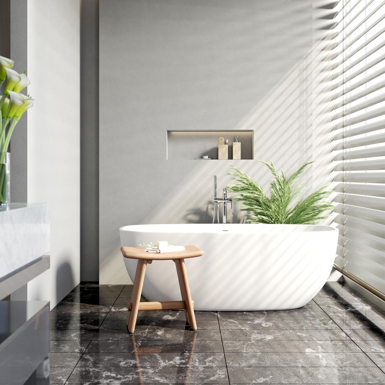 Haven Teak Curved Stool, in a room