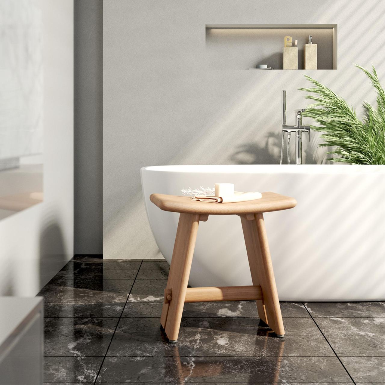 Haven Teak Curved Stool in a furnished room