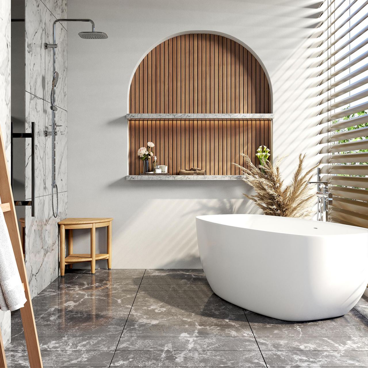 Haven Teak Corner Stool, in a room