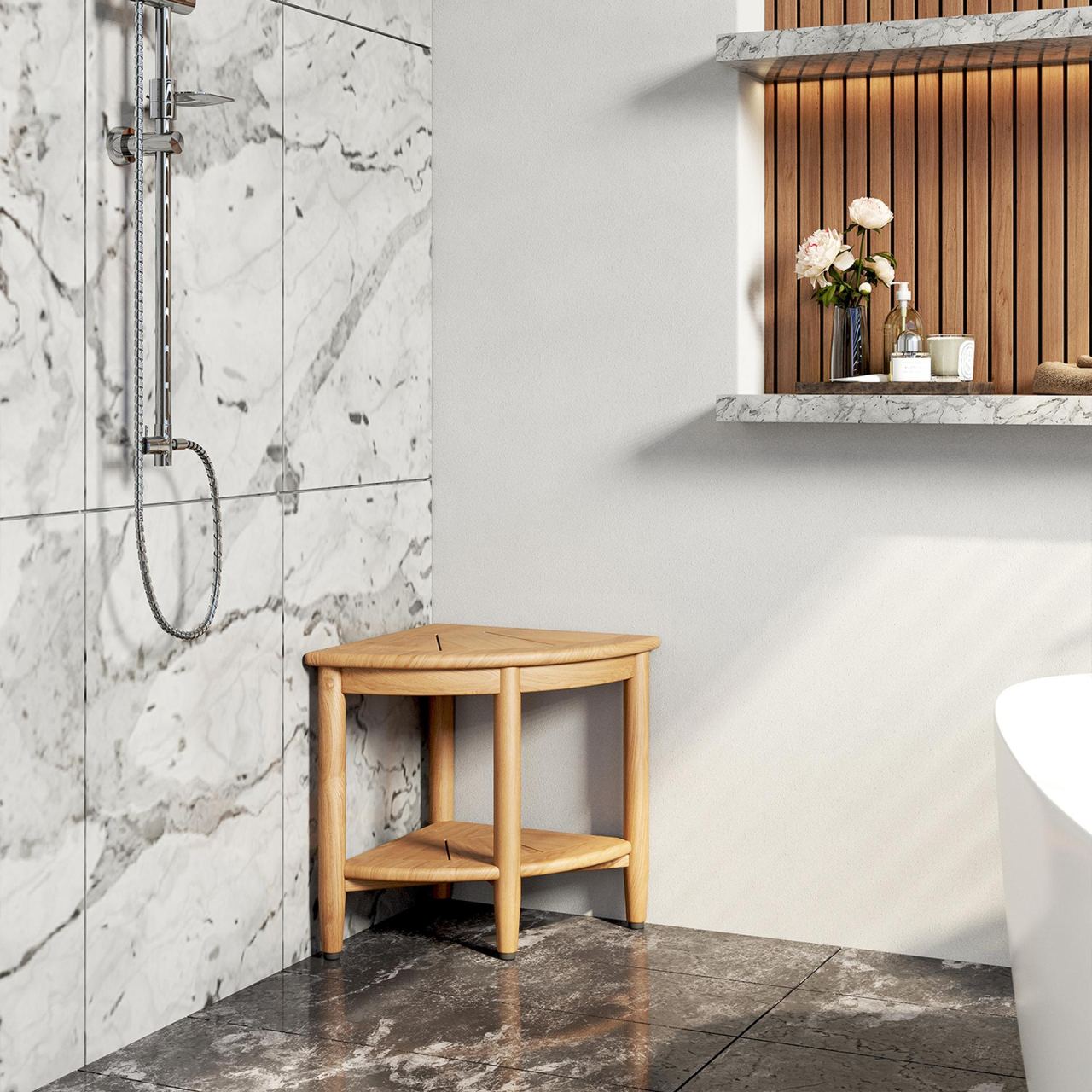 Haven Teak Corner Stool, in a room