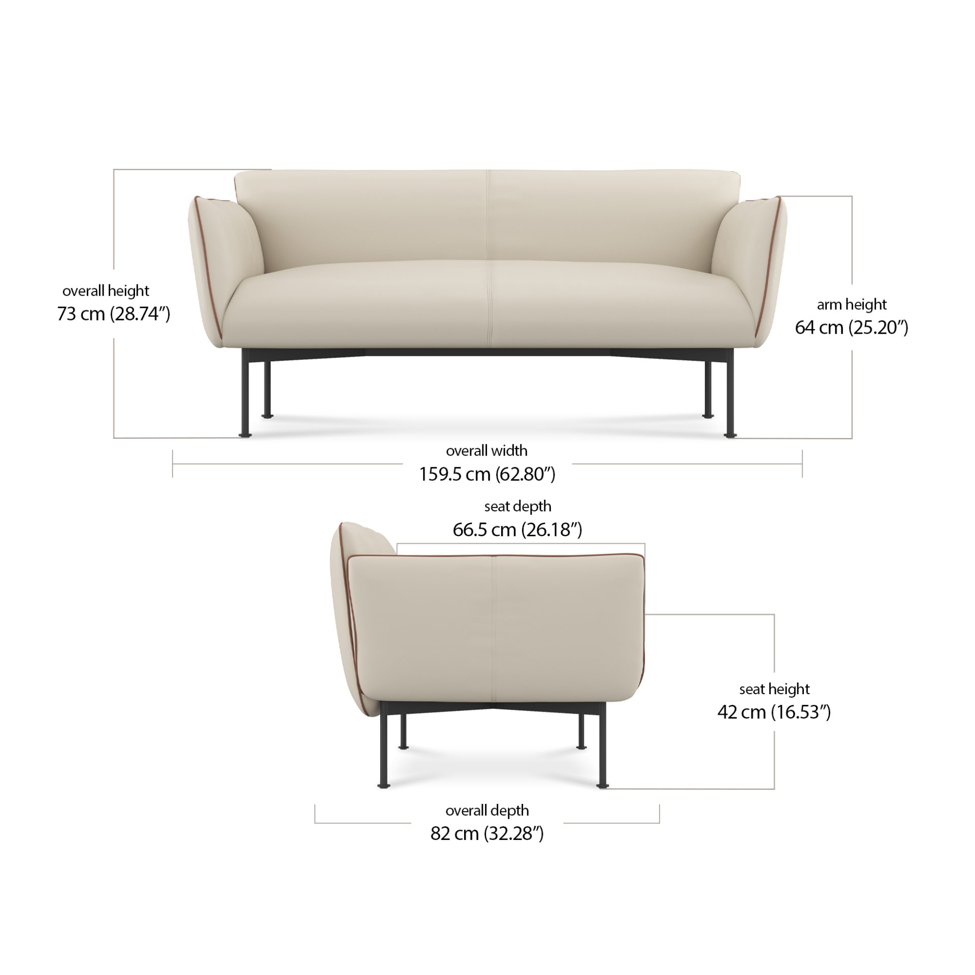 Kim 2 Seater Sofa - Leather dimensions