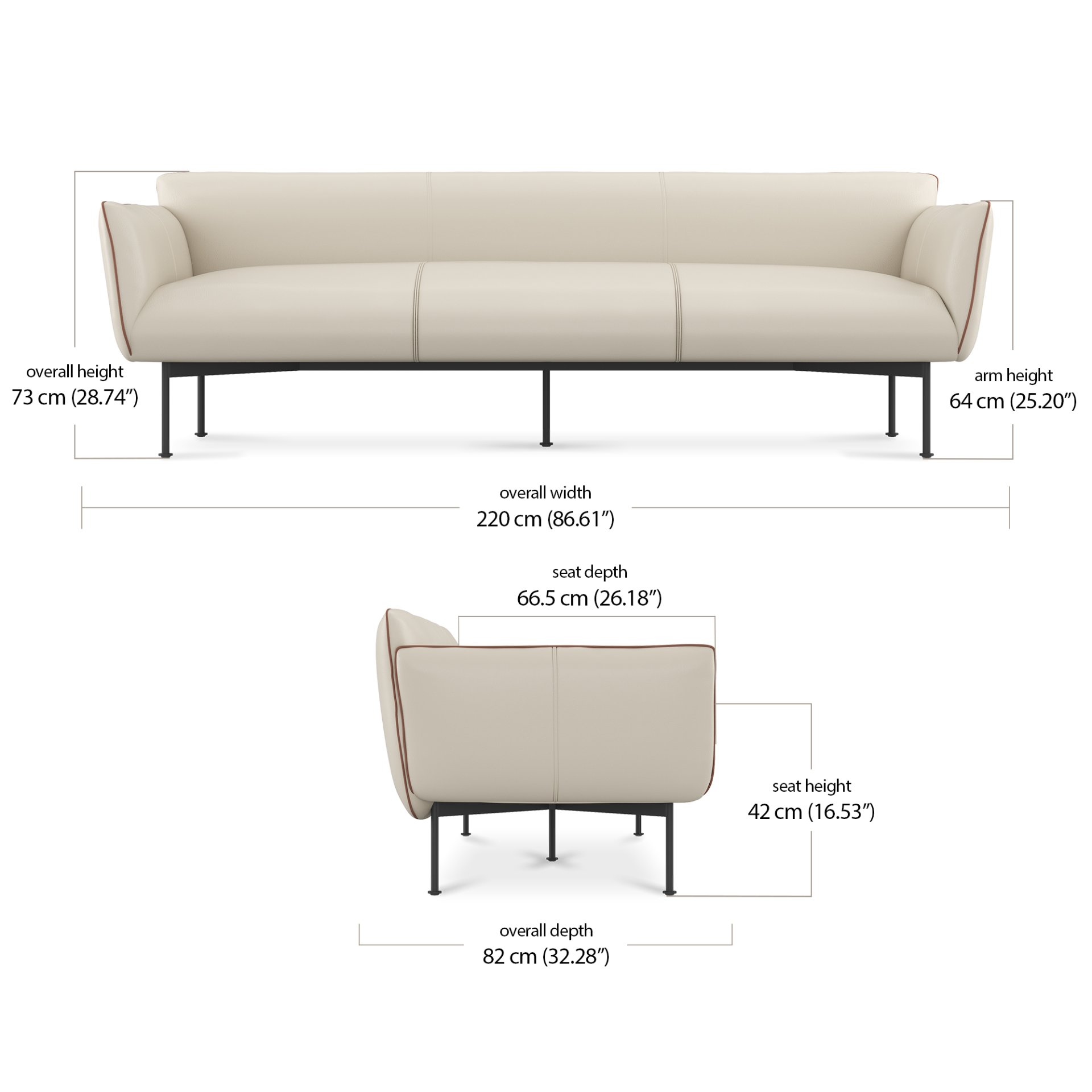 Kim 3 Seater Sofa - Leather dimensions