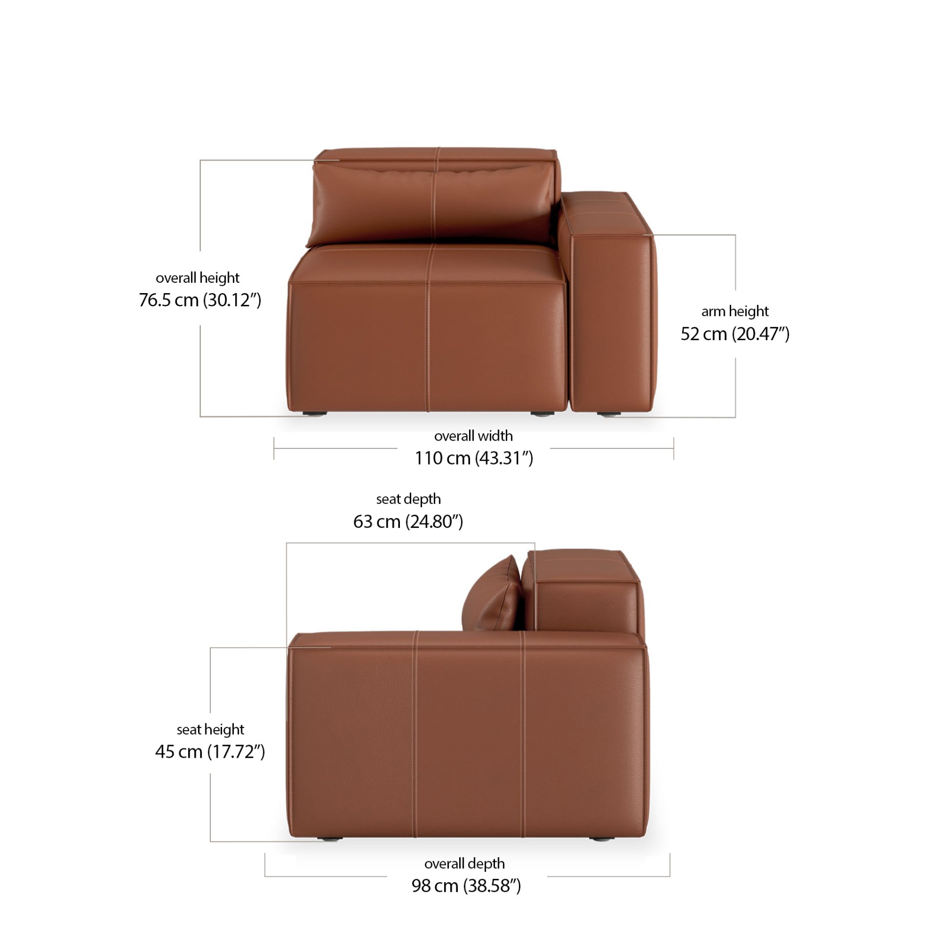 Martha Modular 1 Seater Sofa Left Leather dimensions