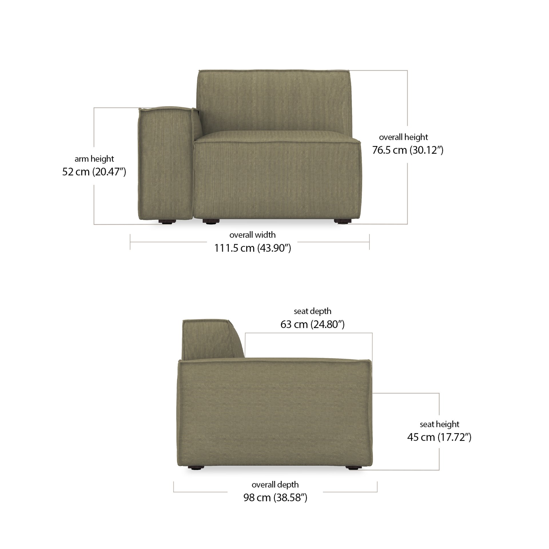 Martha Modular 1 Seater Right dimensions