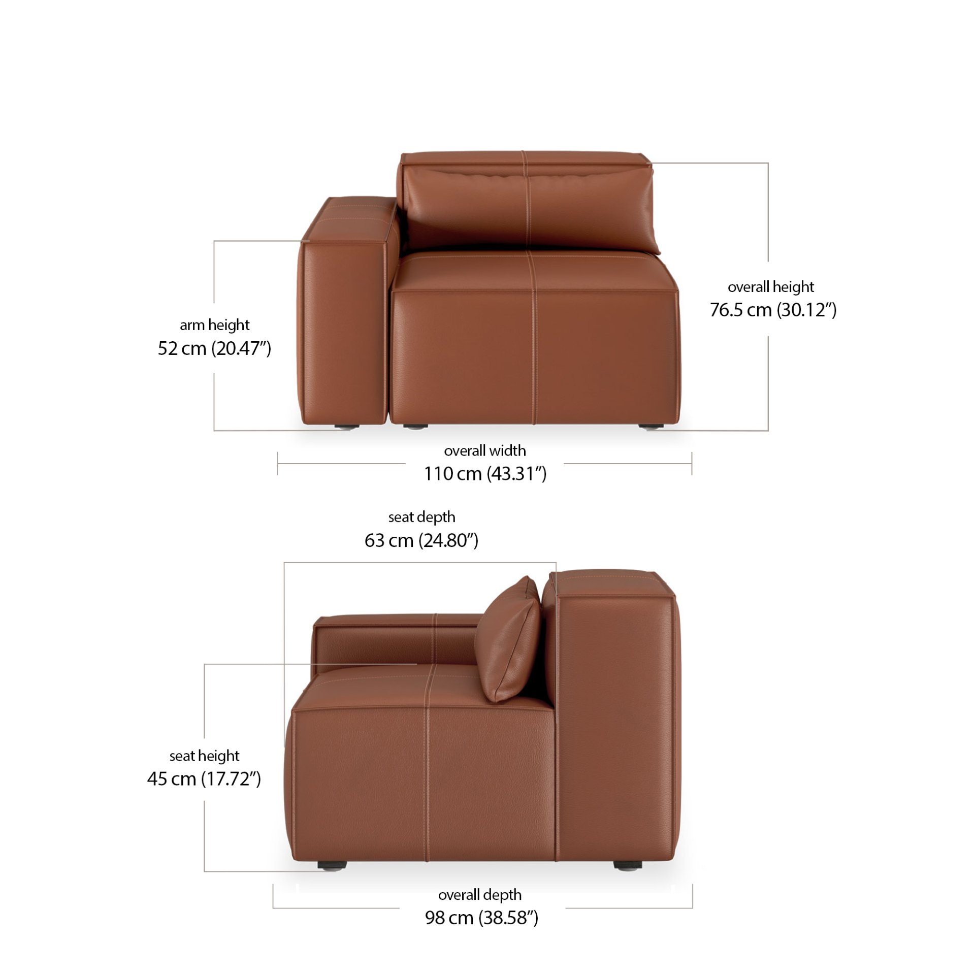 Martha Modular 1 Seater Right -Leather dimensions