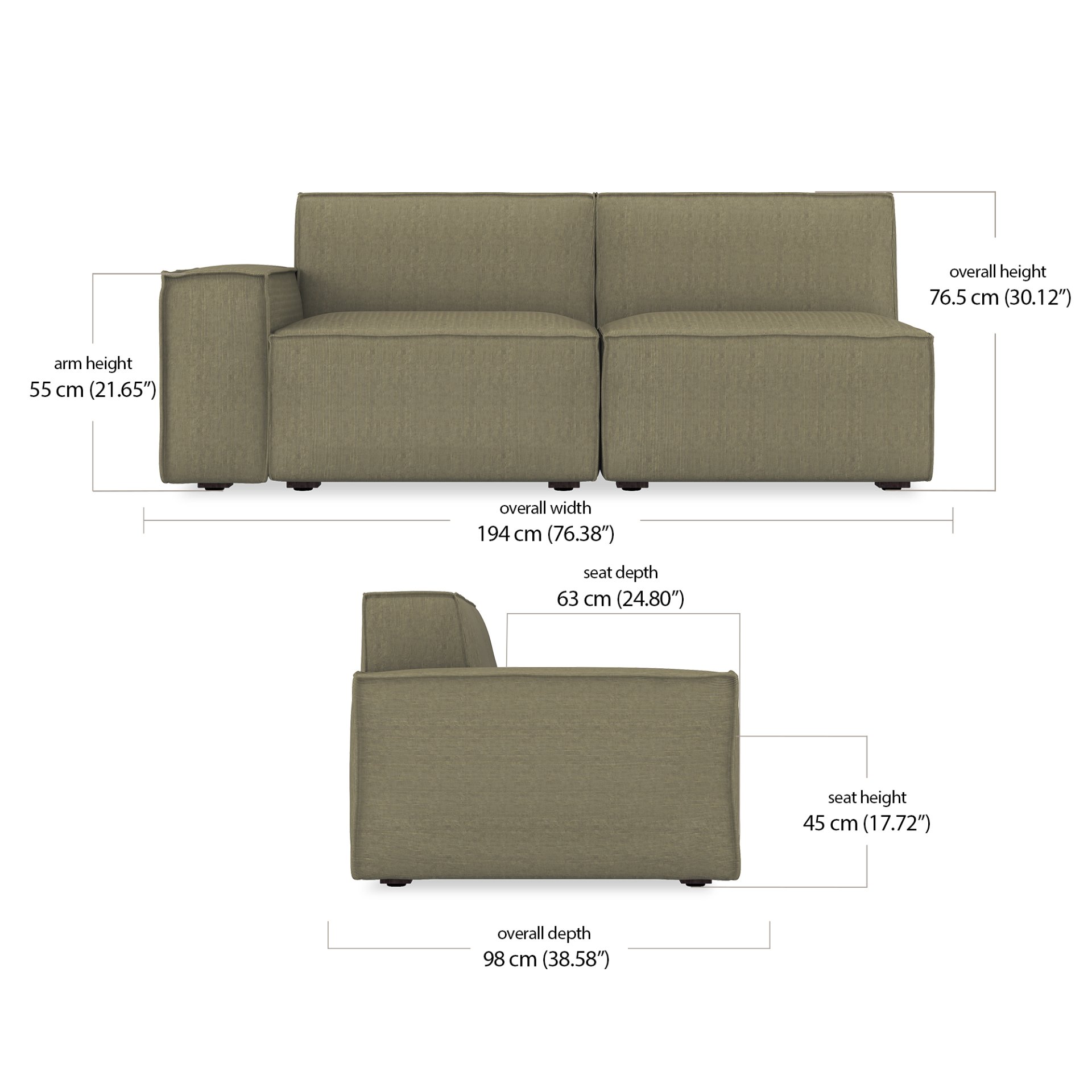 Martha Modular 2 Seater Sofa Right dimensions