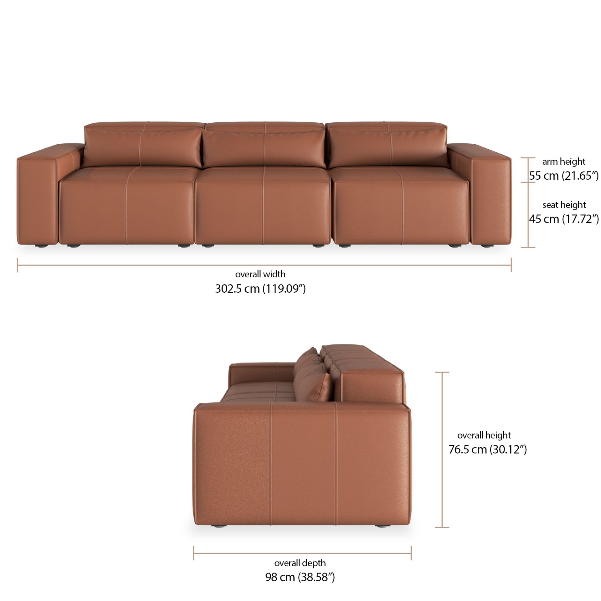 Martha 3 Seater Sofa -Leather dimensions
