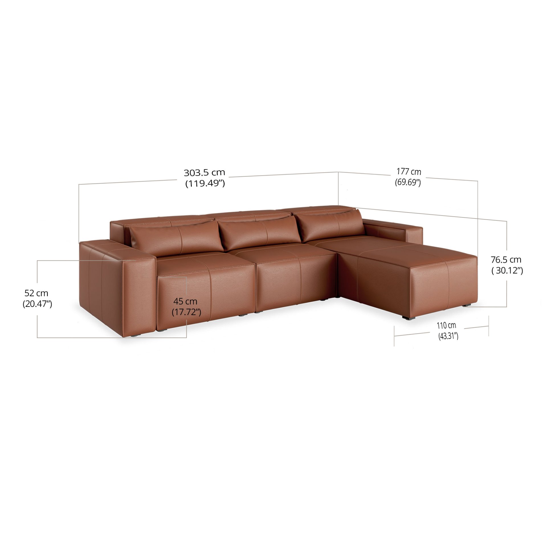 Martha Sofa with Chaise Facing -Leather dimensions