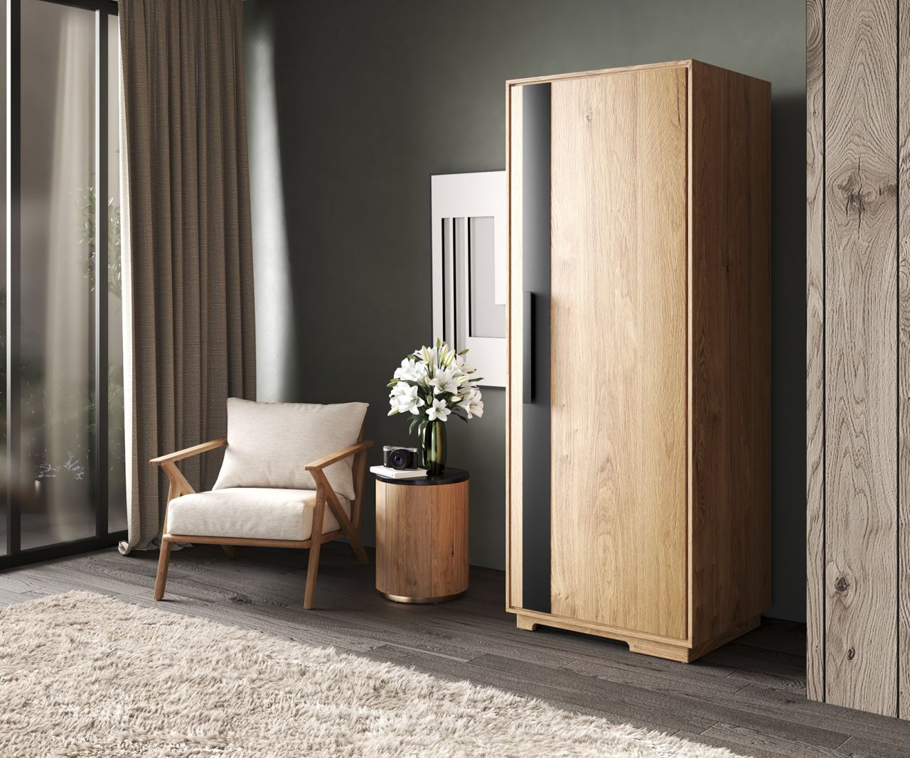 Rori Single Door Wardrobe in a furnished room