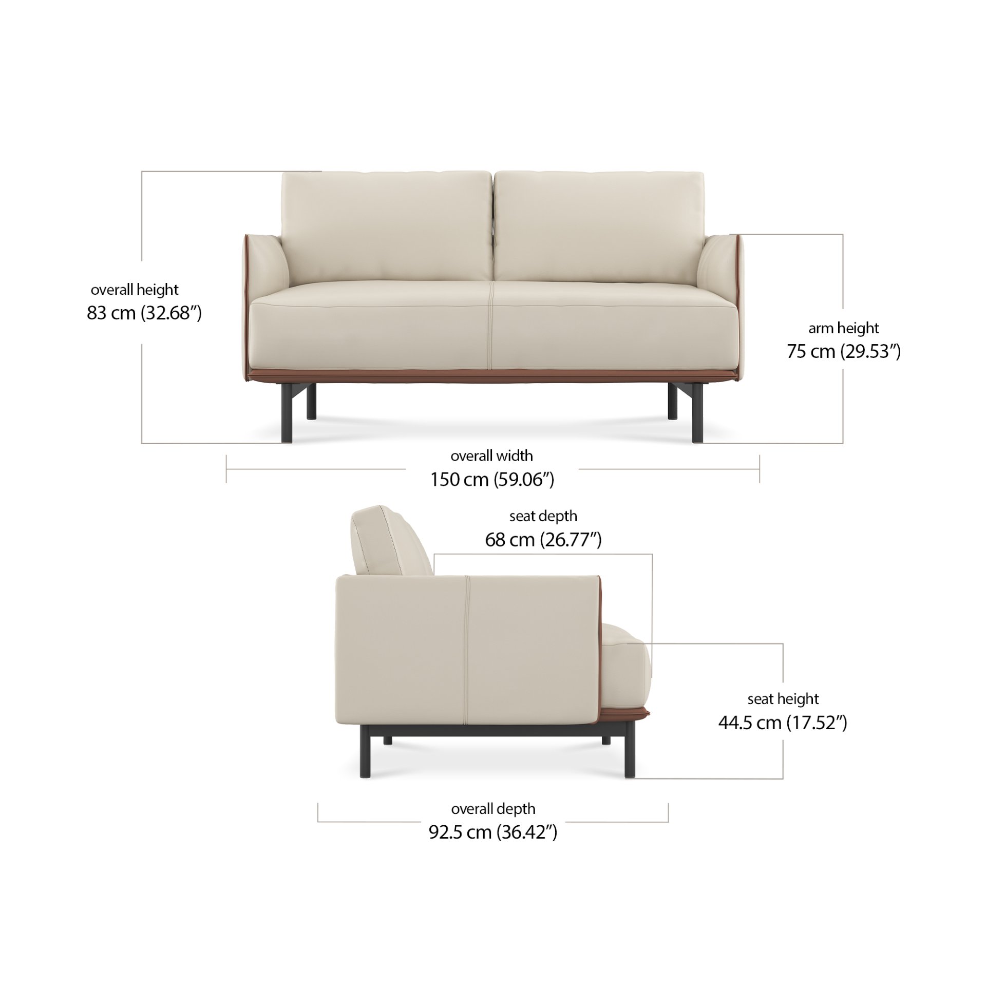 Villas 2 Seater - Leather dimensions