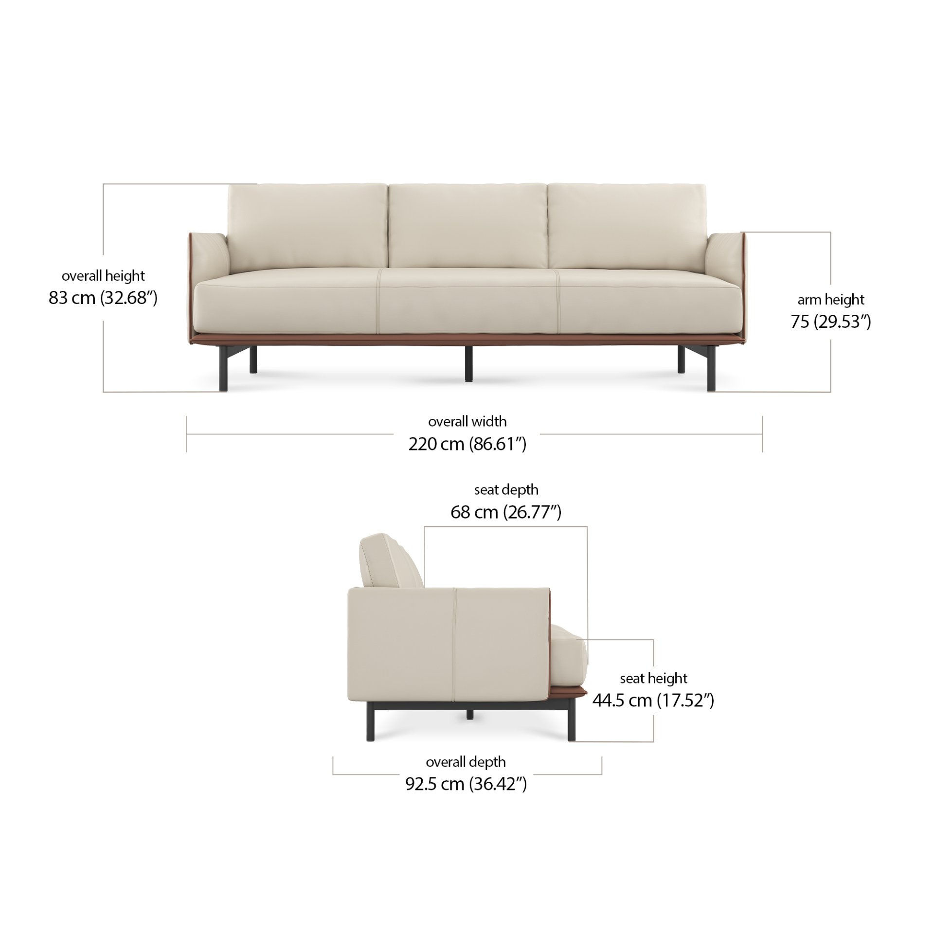 Villas 3 Seater - Leather dimensions