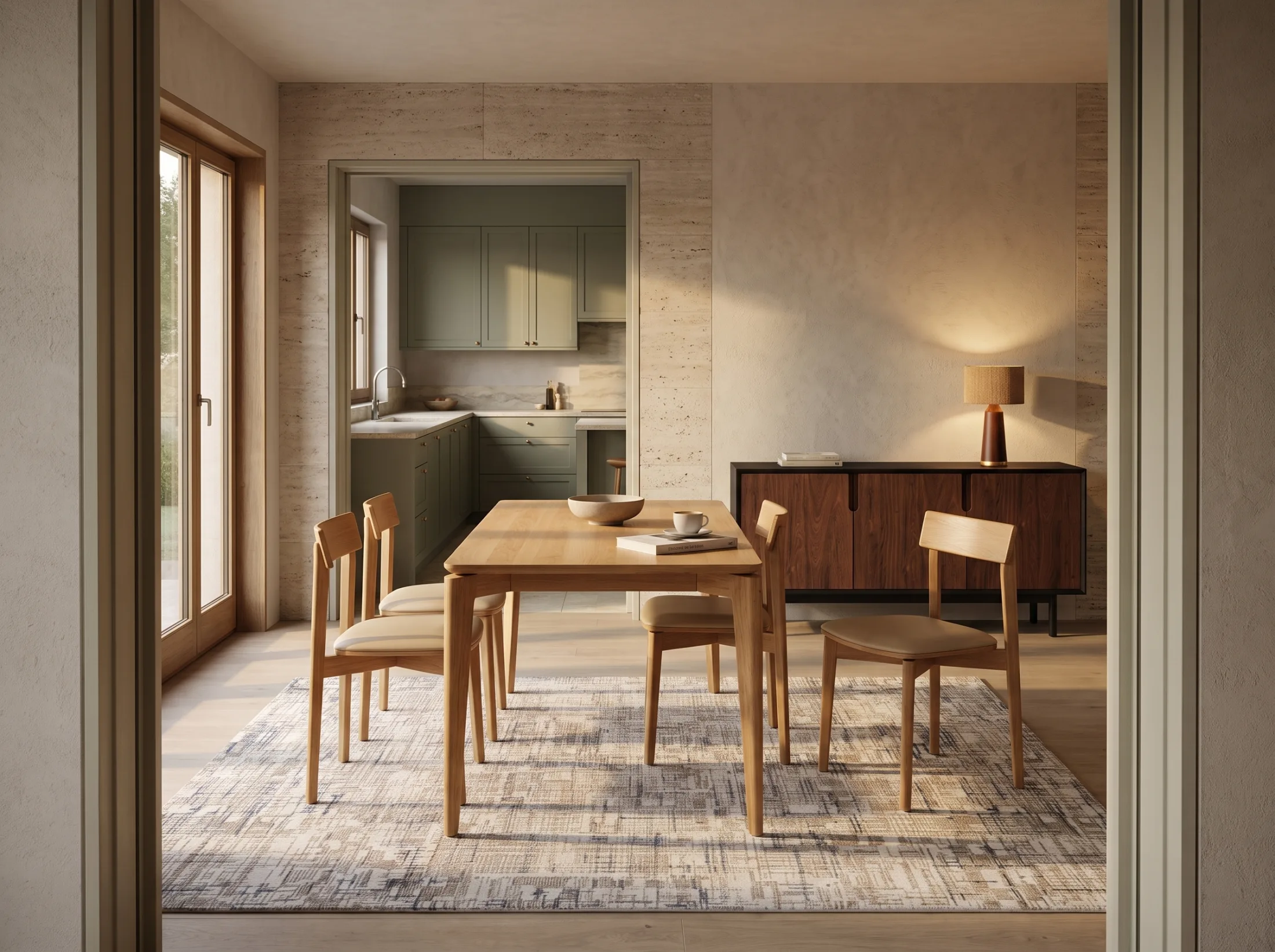 A dining room with its clearances living comfortably
