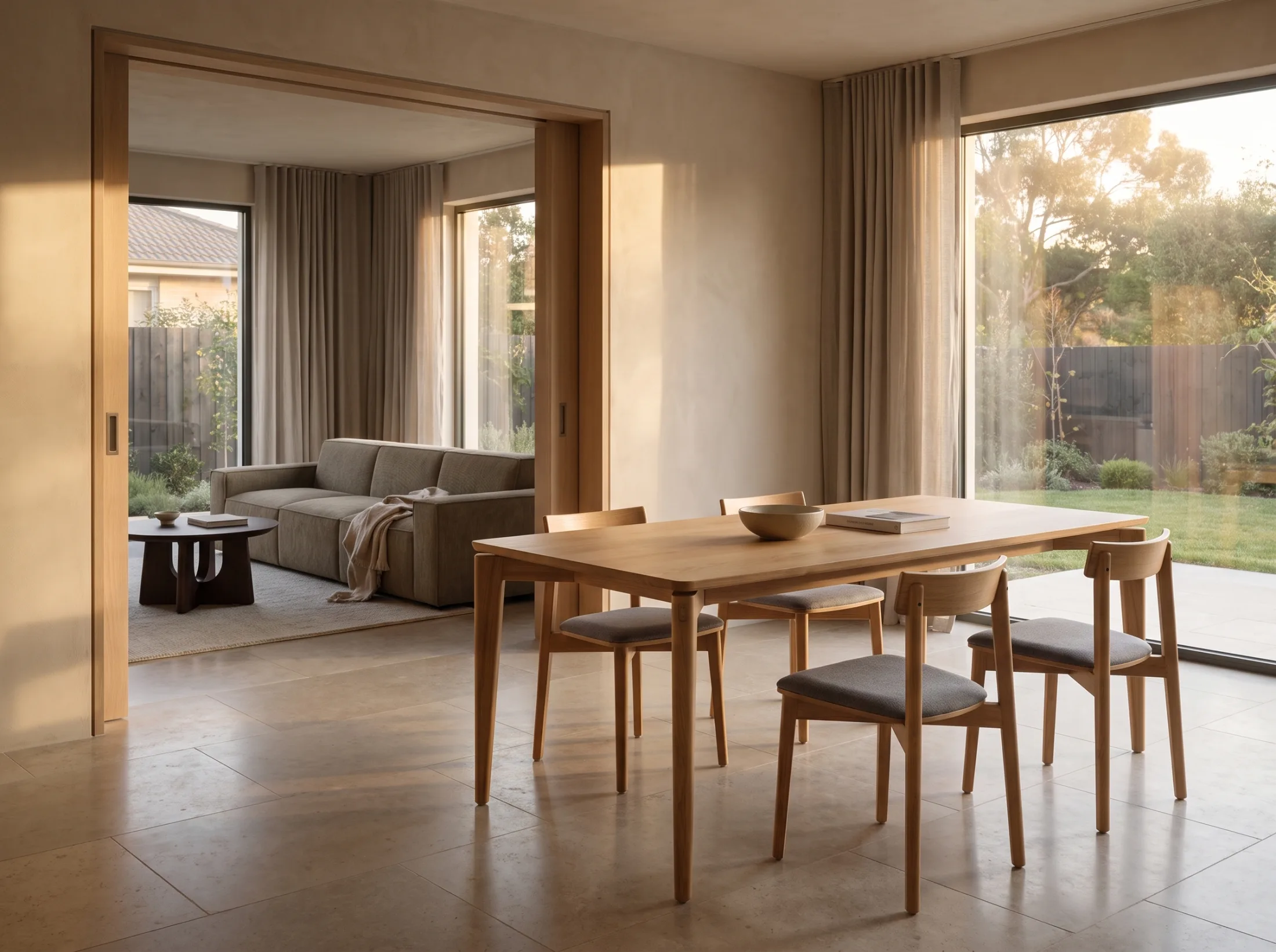 Spaces in sequence: the dining room, and the living room through the doorway