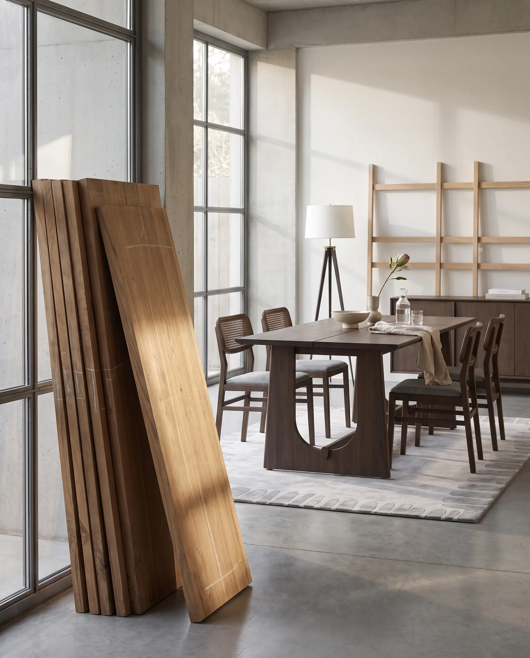 Raw solid-teak boards by the window: the work begins with selection