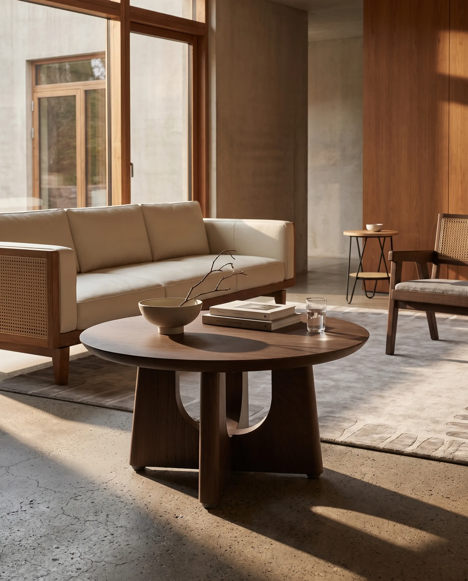 Late light across the edge and grain of a solid teak table