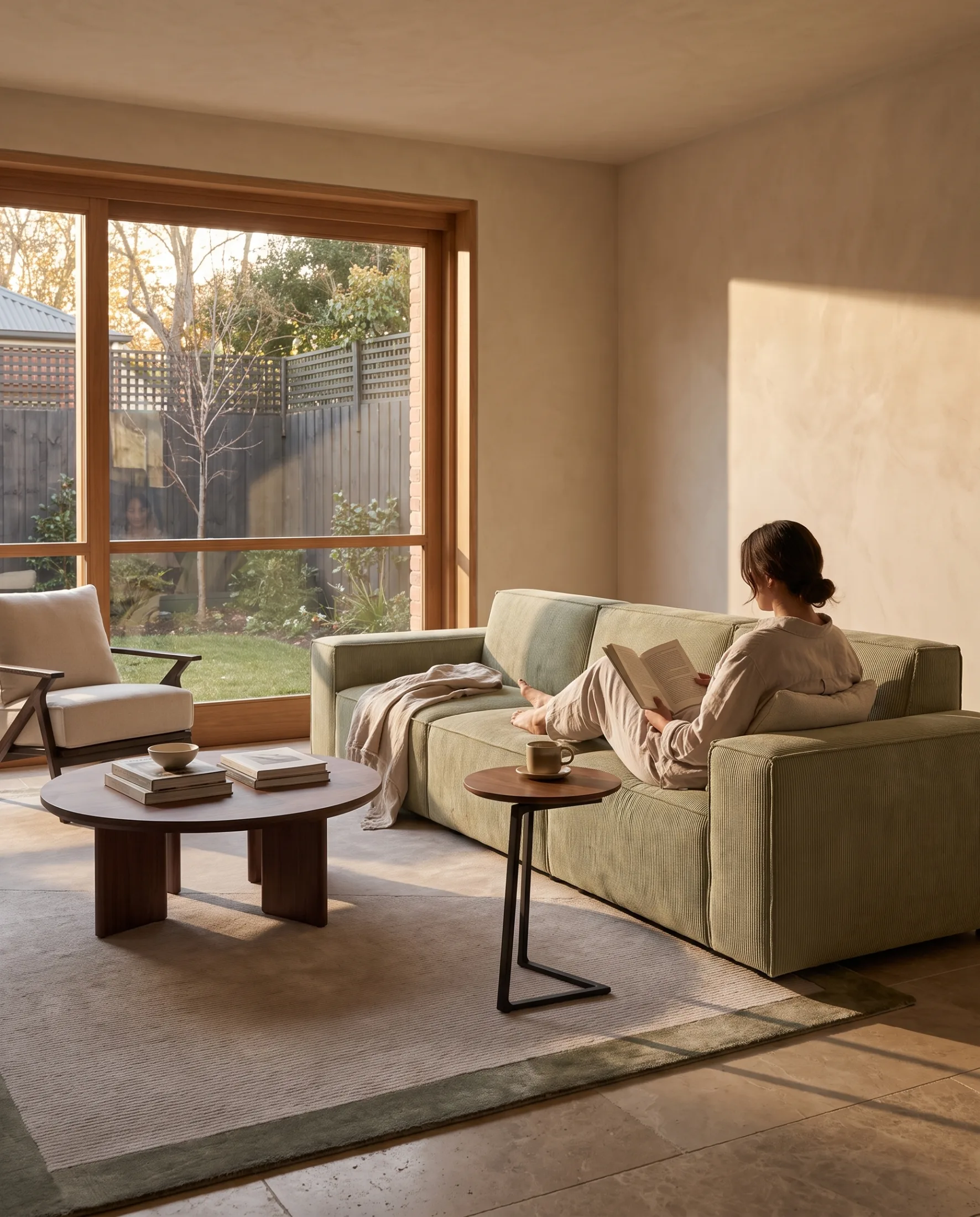 One person settled deep into a sofa, reading in morning light, seen from behind