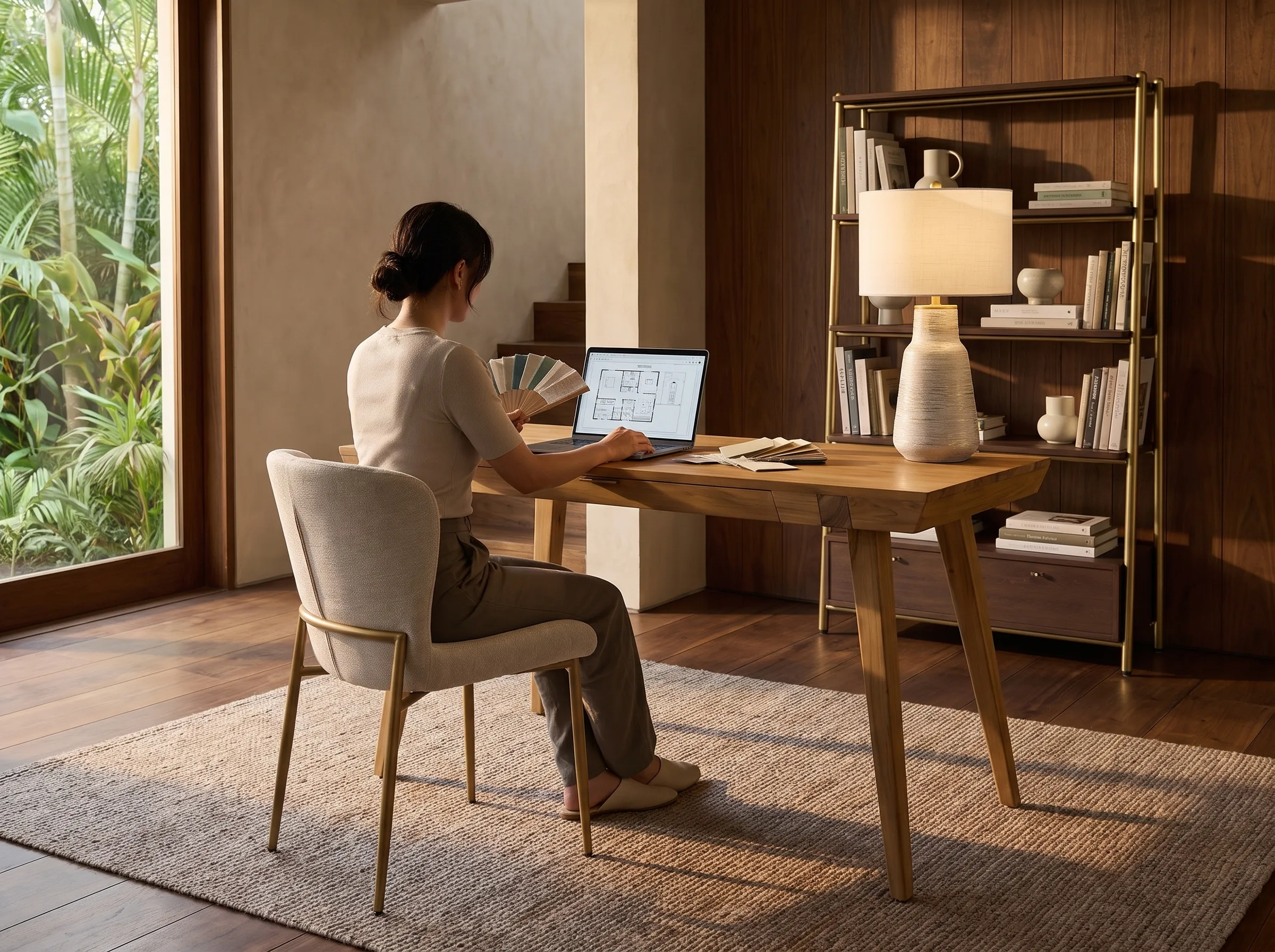 A Dezign District designer at work on a plan, fabric samples in hand