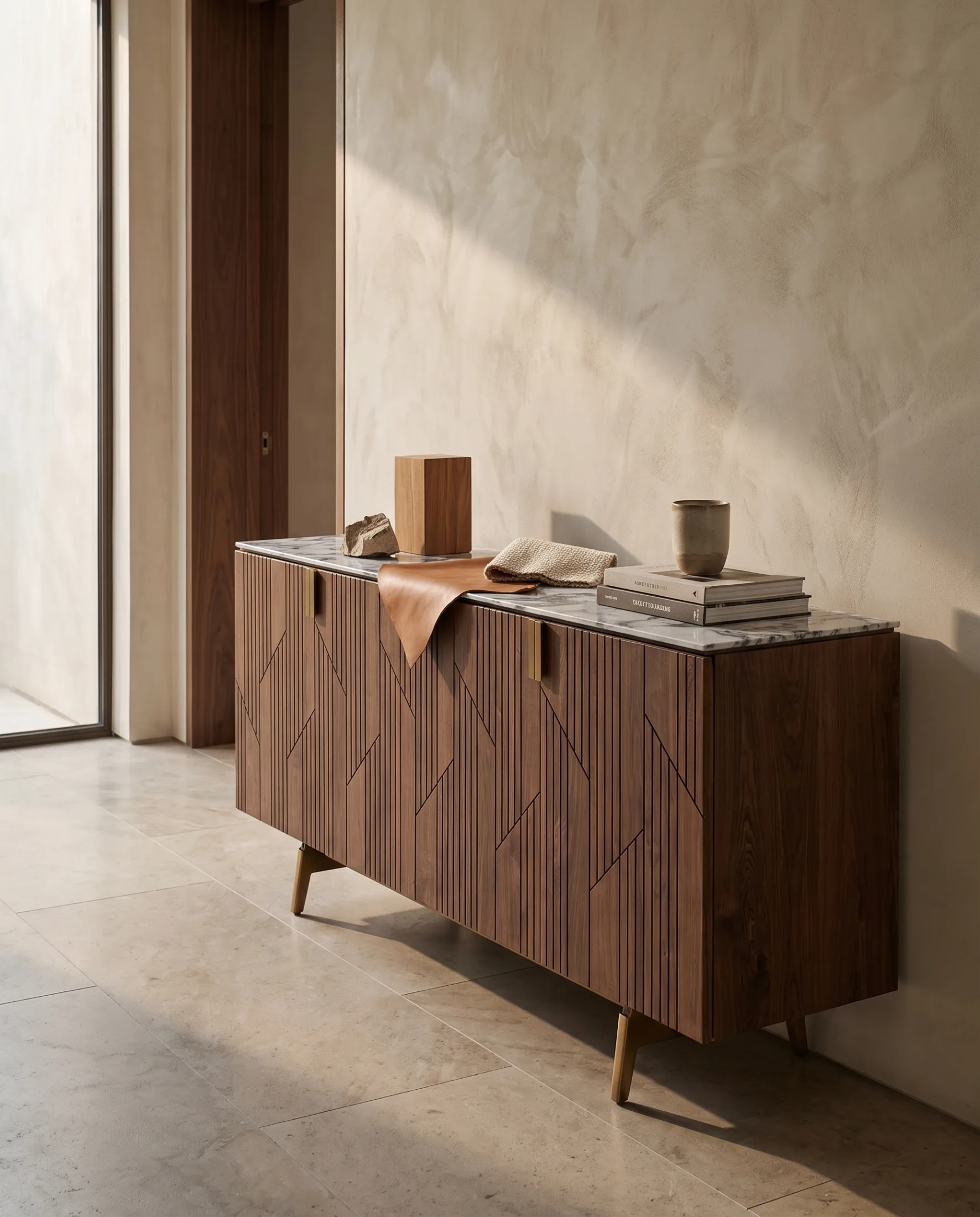 A dark composition from the collection: wall, storage and surfaces specified together