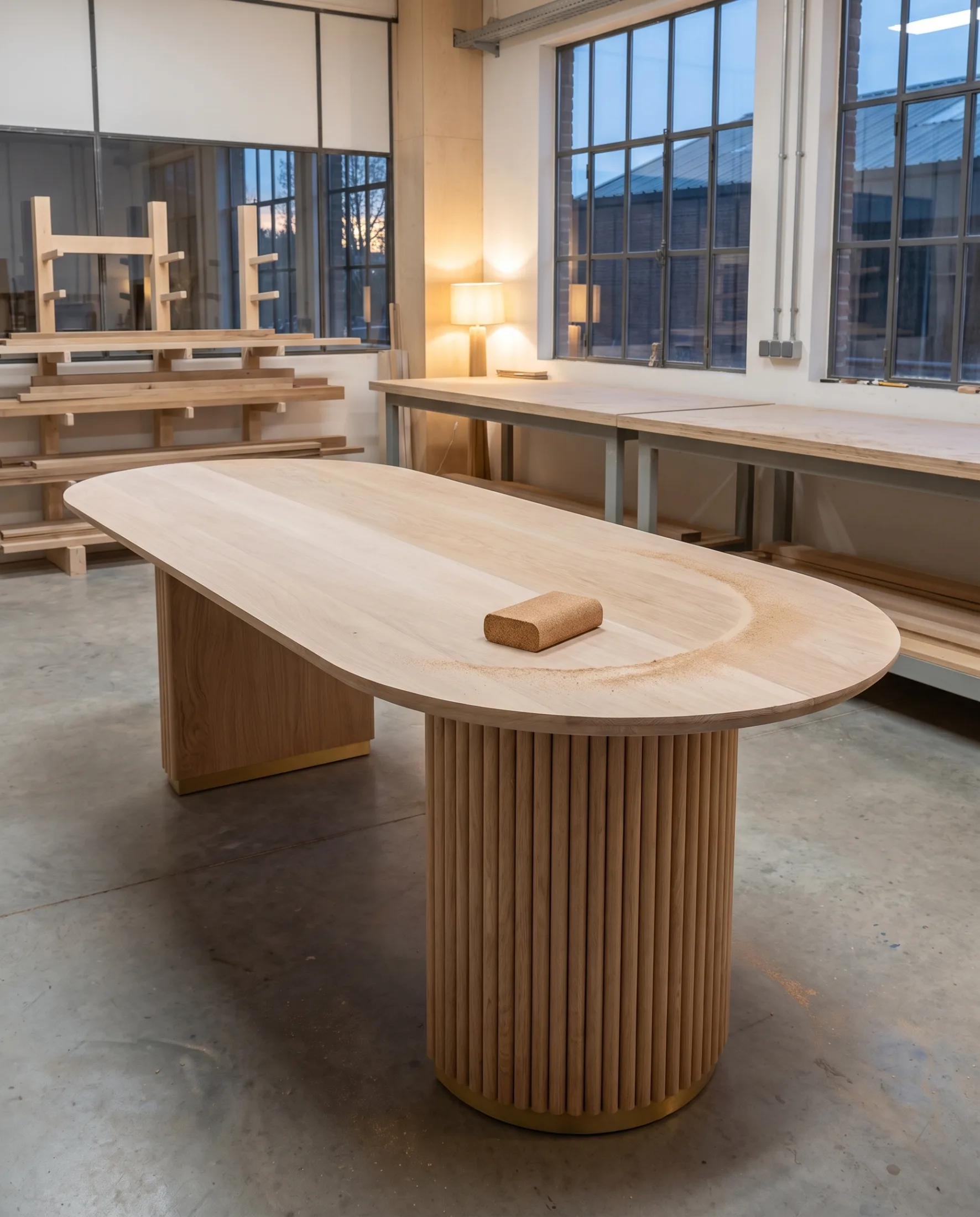 A tabletop mid-sand, one half already silk-smooth: the surface arriving