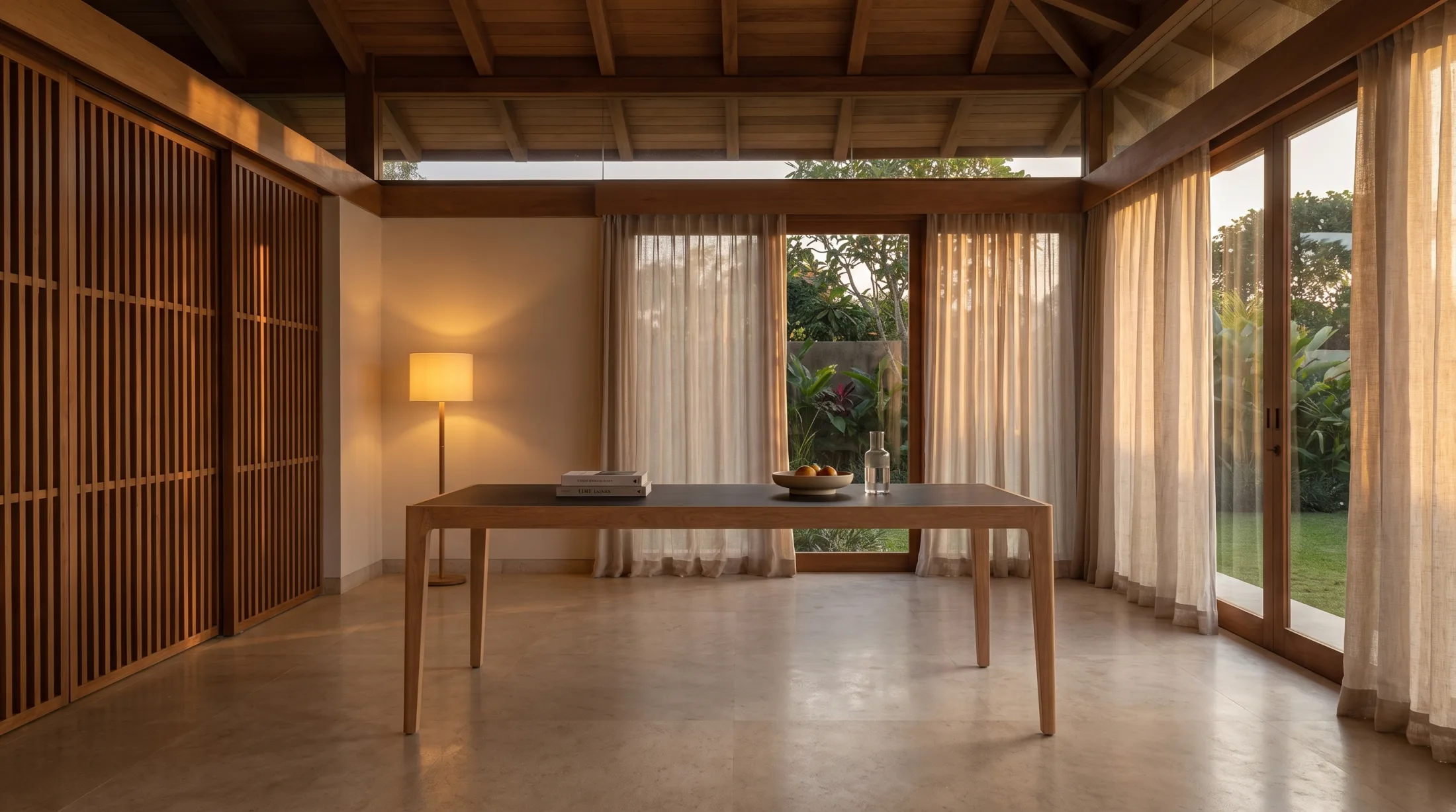 A whole dining room held in calm proportion by tall window light