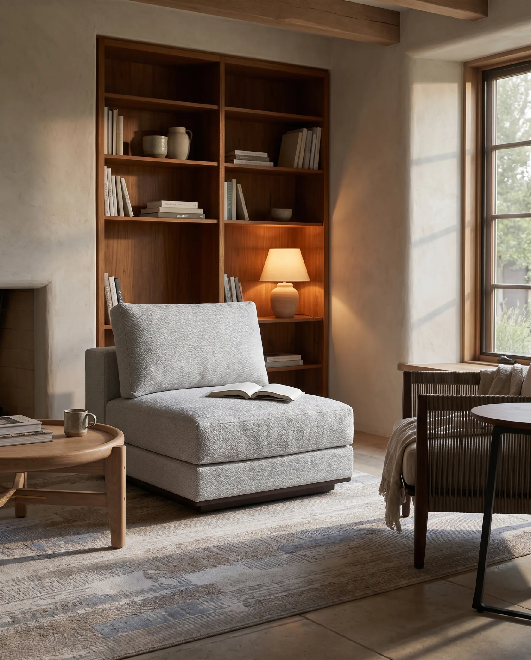 Soft cream upholstery against dark stone: two of the collection's contrasts in one frame