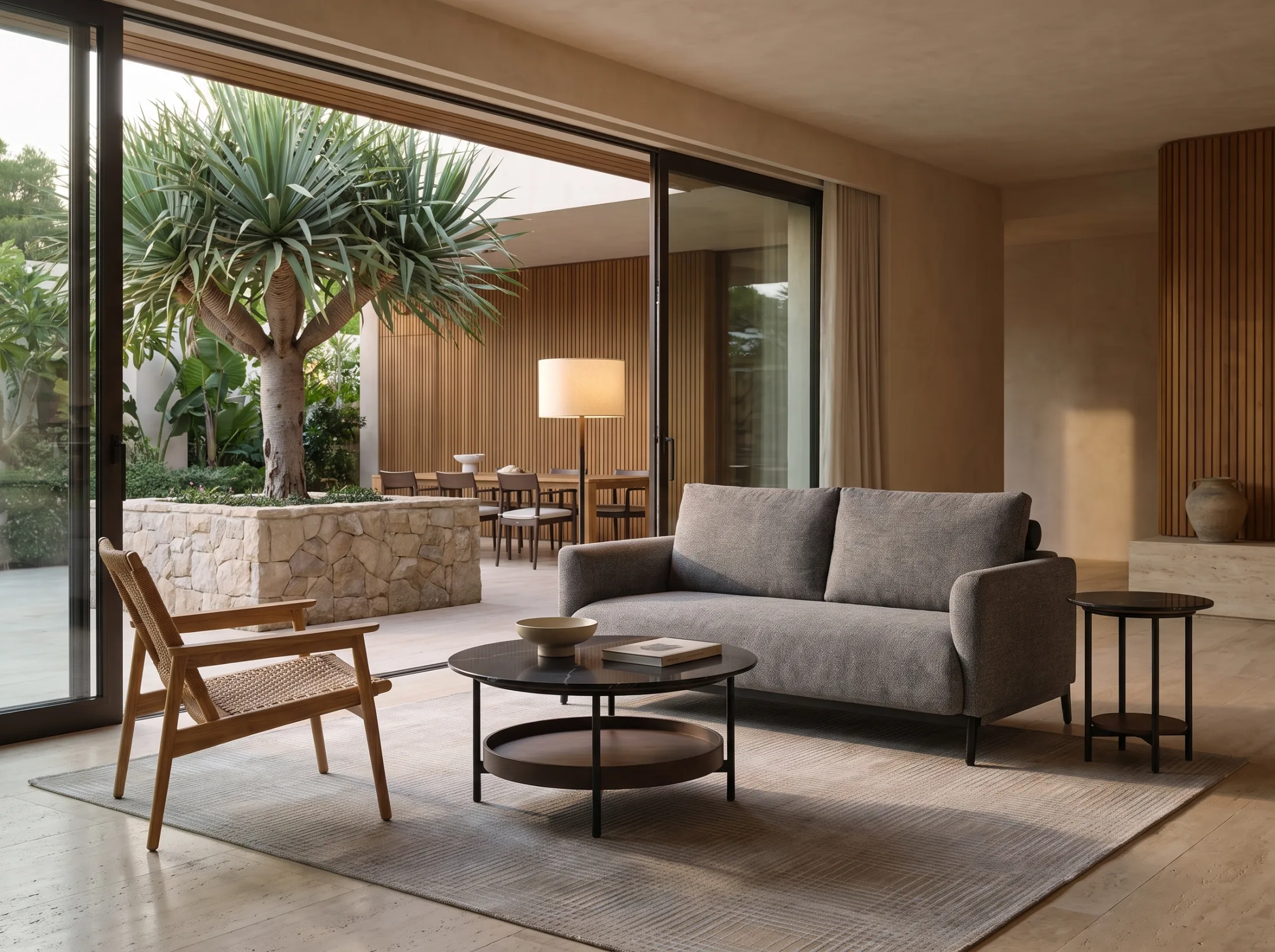 A hotel lobby seating group at dusk, furnished by Dezign District