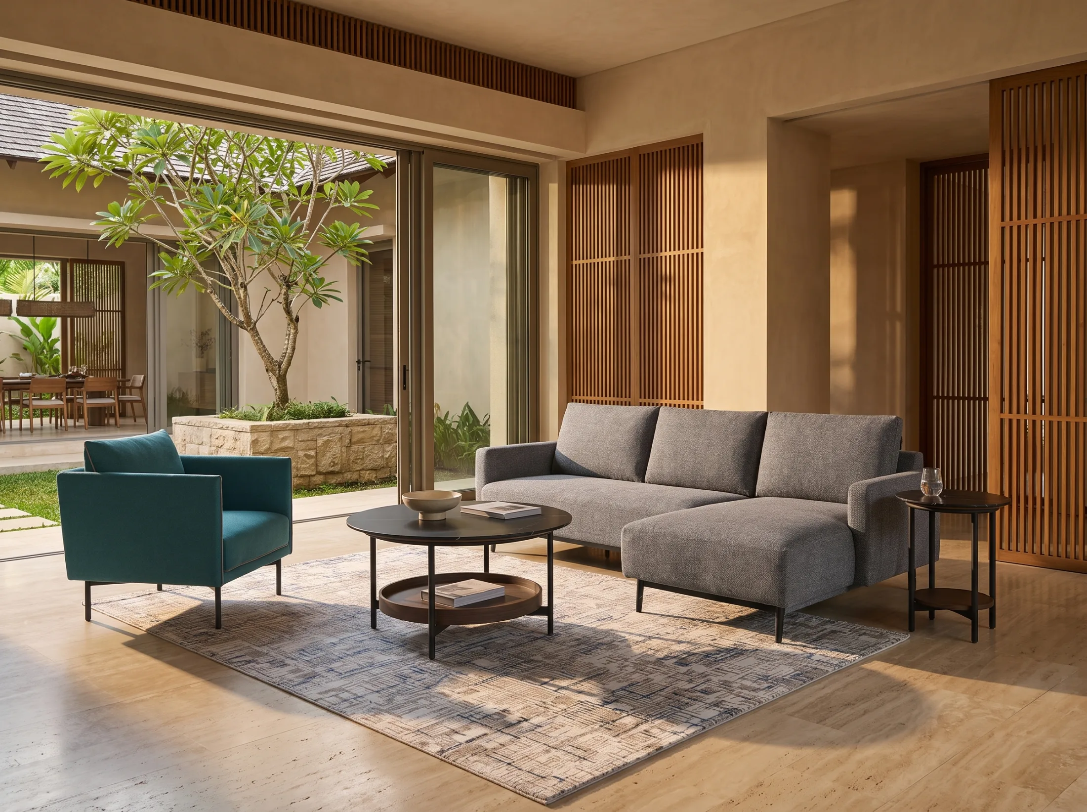 A hotel lounge furnished as one seating group